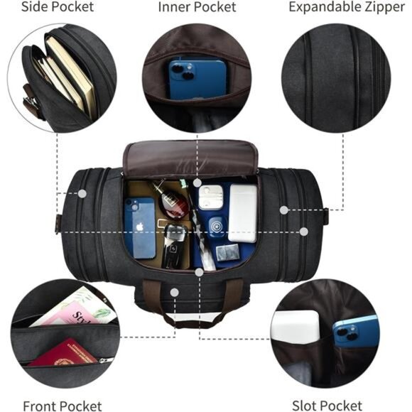 Expandable Duffle Bag for Men, Black - Picture 5 of 6